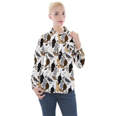 Gray Brown Black Neutral Leaves Women s Long Sleeve Pocket Shirt