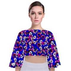 Blue Red White Spring Flora   Tie Back Butterfly Sleeve Chiffon Top by 1dsign