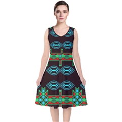 Ovals And Tribal Shapes                              V-neck Midi Sleeveless Dress by LalyLauraFLM