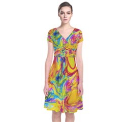 Mixed Paint                                 Short Sleeve Front Wrap Dress by LalyLauraFLM