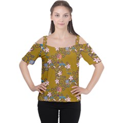 Textile Flowers Pattern Cutout Shoulder Tee