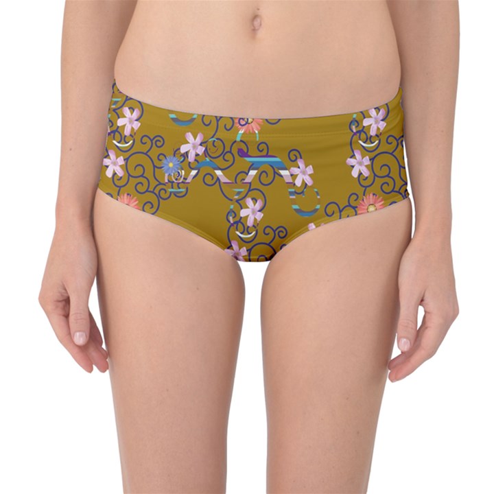 Textile Flowers Pattern Mid-Waist Bikini Bottoms