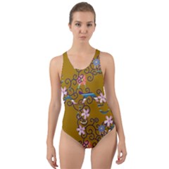 Textile Flowers Pattern Cut-out Back One Piece Swimsuit