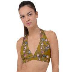 Textile Flowers Pattern Halter Plunge Bikini Top