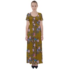 Textile Flowers Pattern High Waist Short Sleeve Maxi Dress