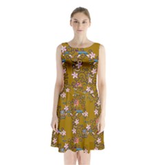 Textile Flowers Pattern Sleeveless Waist Tie Chiffon Dress