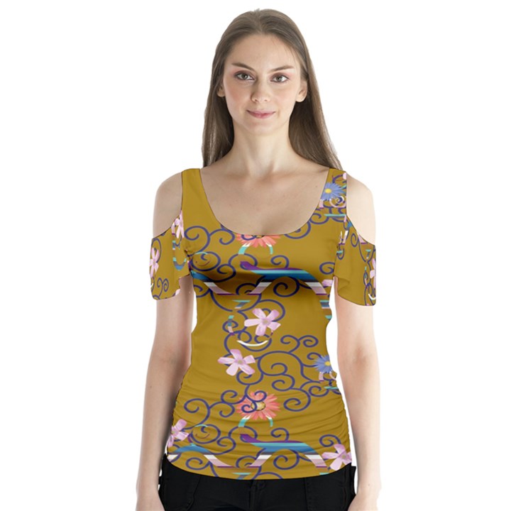 Textile Flowers Pattern Butterfly Sleeve Cutout Tee 