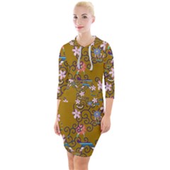 Textile Flowers Pattern Quarter Sleeve Hood Bodycon Dress