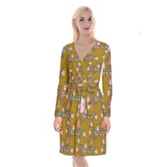 Textile Flowers Pattern Long Sleeve Velvet Front Wrap Dress