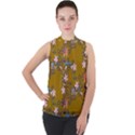 Textile Flowers Pattern Mock Neck Chiffon Sleeveless Top View1