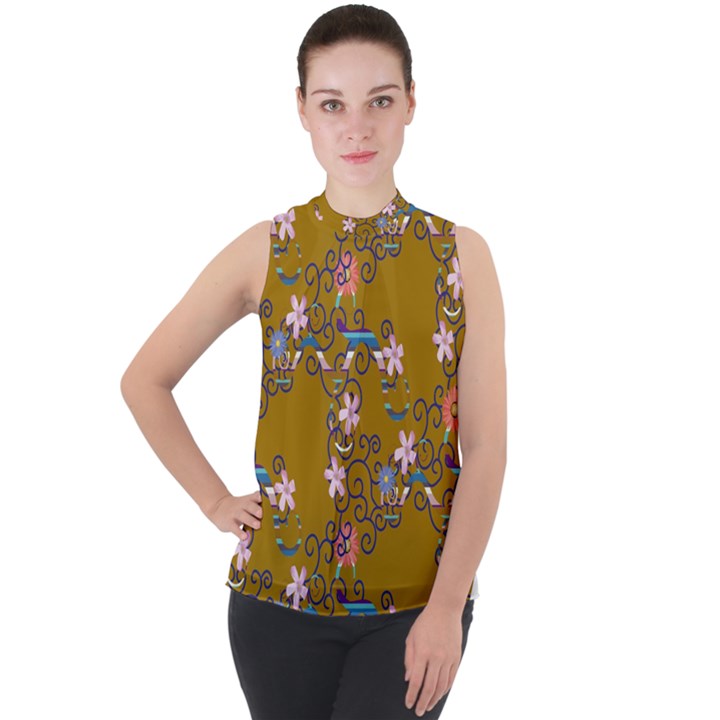 Textile Flowers Pattern Mock Neck Chiffon Sleeveless Top