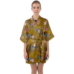 Textile Flowers Pattern Quarter Sleeve Kimono Robe