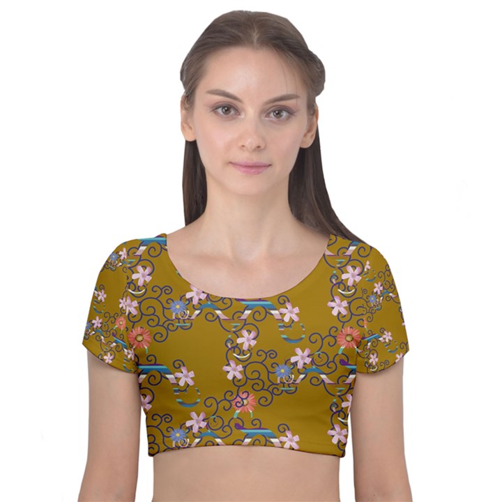 Textile Flowers Pattern Velvet Short Sleeve Crop Top 