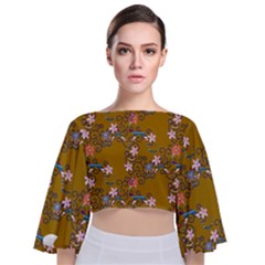 Textile Flowers Pattern Tie Back Butterfly Sleeve Chiffon Top