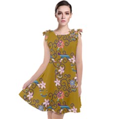 Textile Flowers Pattern Tie Up Tunic Dress