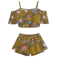 Textile Flowers Pattern Kids  Off Shoulder Skirt Bikini