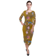 Textile Flowers Pattern Quarter Sleeve Midi Velour Bodycon Dress by HermanTelo