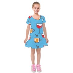 Cups And Mugs Blue Kids  Short Sleeve Velvet Dress