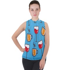 Cups And Mugs Blue Mock Neck Chiffon Sleeveless Top