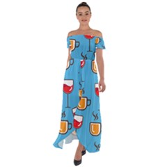 Cups And Mugs Blue Off Shoulder Open Front Chiffon Dress