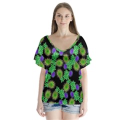 Flowers Pattern Background V-neck Flutter Sleeve Top