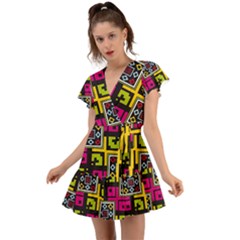 Squares Pattern                                  Flutter Sleeve Wrap Dress by LalyLauraFLM