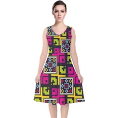 Squares Pattern                                 V-neck Midi Sleeveless Dress by LalyLauraFLM