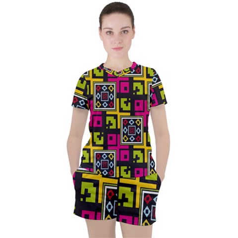 Squares Pattern                                  Women s Mesh Tee And Shorts Set by LalyLauraFLM