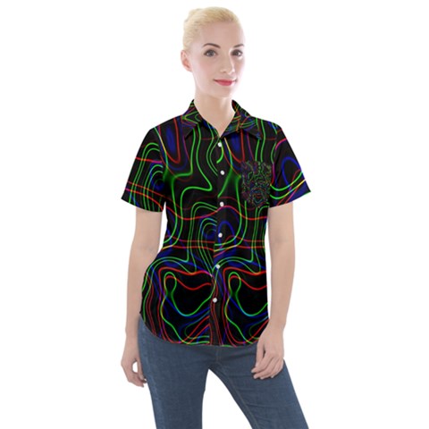 Neon Waves                                Women s Short Sleeve Pocket Shirt by LalyLauraFLM