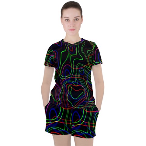 Neon Waves                                  Women s Mesh Tee And Shorts Set by LalyLauraFLM