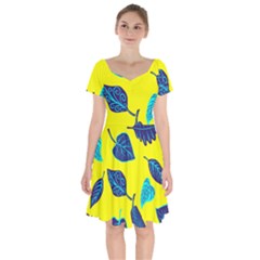 Leaves On A Yellow Background                                    Short Sleeve Bardot Dress by LalyLauraFLM