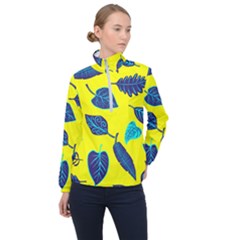 Leaves On A Yellow Background                                  Women Half Zip Windbreaker by LalyLauraFLM