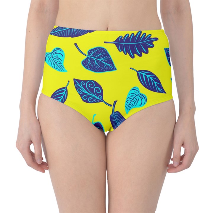 Leaves on a yellow background                                  High-Waist Bikini Bottoms