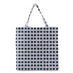 Black Flower On Blue White Pattern Grocery Tote Bag by BrightVibesDesign