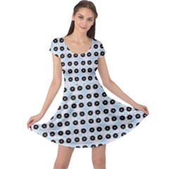 Black Flower On Blue White Pattern Cap Sleeve Dress by BrightVibesDesign