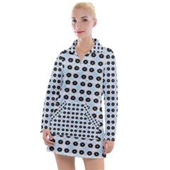 Black Flower On Blue White Pattern Women s Long Sleeve Casual Dress by BrightVibesDesign