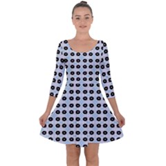 Black Flower On Blue White Pattern Quarter Sleeve Skater Dress by BrightVibesDesign