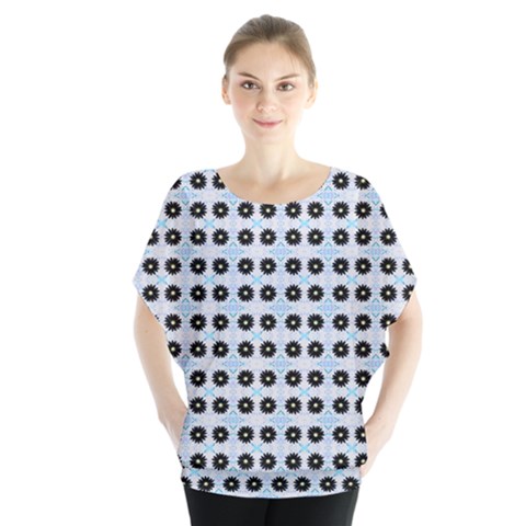 Black Flower On Blue White Pattern Batwing Chiffon Blouse by BrightVibesDesign