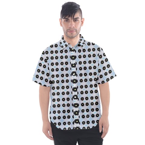 Black Flower On Blue White Pattern Men s Short Sleeve Shirt by BrightVibesDesign