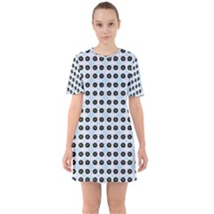 Black Flower On Blue White Pattern Sixties Short Sleeve Mini Dress by BrightVibesDesign