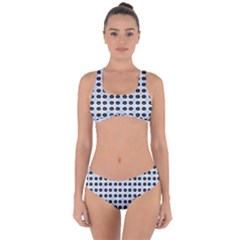 Black Flower On Blue White Pattern Criss Cross Bikini Set by BrightVibesDesign