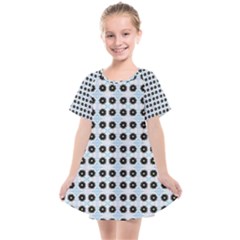 Black Flower On Blue White Pattern Kids  Smock Dress by BrightVibesDesign