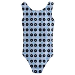 Black Flower On Blue White Pattern Kids  Cut-out Back One Piece Swimsuit by BrightVibesDesign