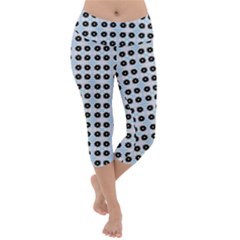 Black Flower On Blue White Pattern Lightweight Velour Capri Yoga Leggings by BrightVibesDesign