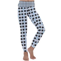 Black Flower On Blue White Pattern Kids  Lightweight Velour Classic Yoga Leggings by BrightVibesDesign