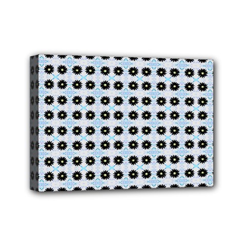 Black Flower On Blue White Pattern Mini Canvas 7  X 5  (stretched)