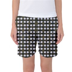 White Flower Pattern On Yellow Black Women s Basketball Shorts by BrightVibesDesign