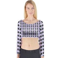 Black Flower  On Purple White Pattern Long Sleeve Crop Top by BrightVibesDesign