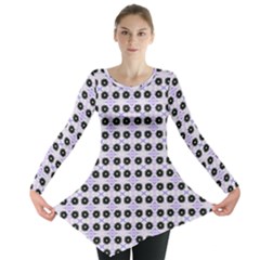 Black Flower  On Purple White Pattern Long Sleeve Tunic  by BrightVibesDesign