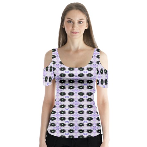 Black Flower  On Purple White Pattern Butterfly Sleeve Cutout Tee  by BrightVibesDesign